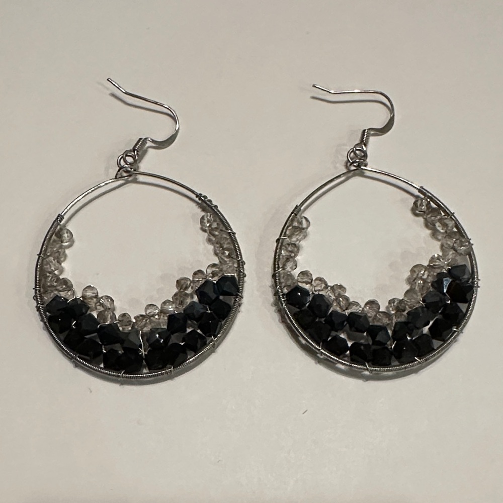 Chic Black and Clear Beaded Hoop Earrings EUC